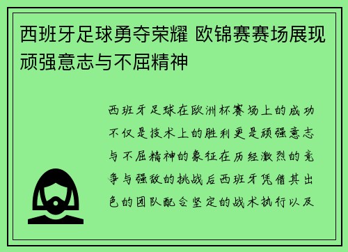 西班牙足球勇夺荣耀 欧锦赛赛场展现顽强意志与不屈精神